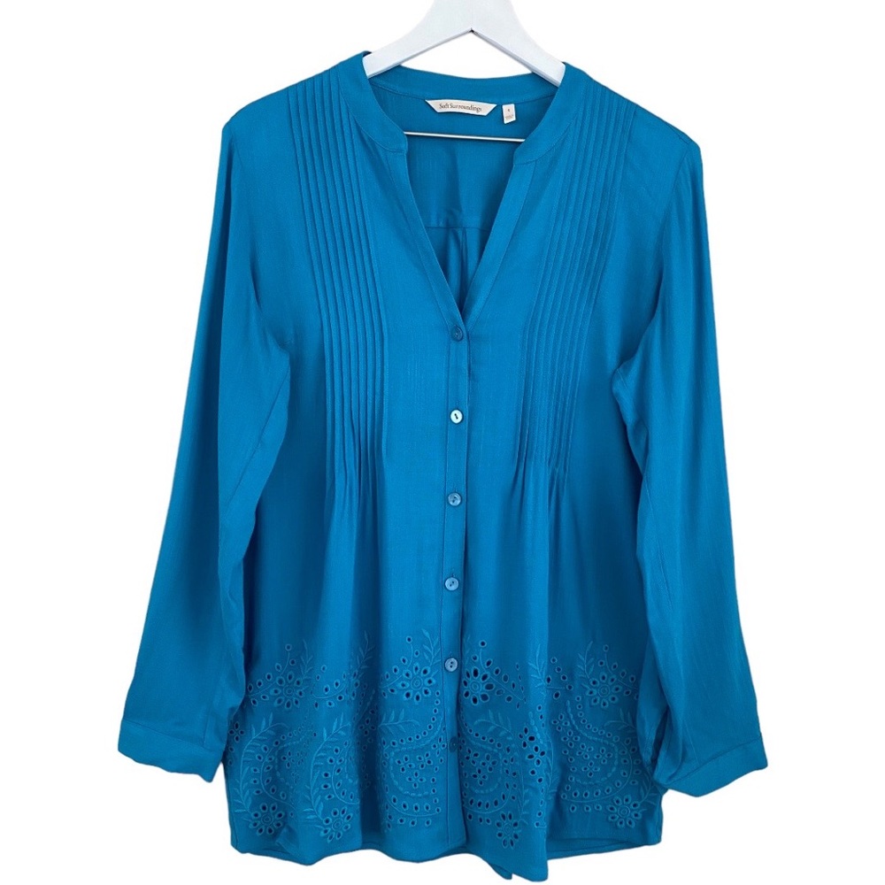 Soft Surroundings Anglaise Blue Eyelet‎ Pleated Flowy Rayon Button Down Tunic